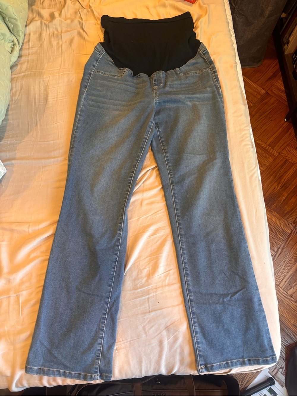1822 Denim Light Blue Flare Maternity Jeans with Black Waist Panel